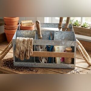 Silver Galvanized Metal Garden Caddy/ Misc Storage - 4 Compartment Woven Handles